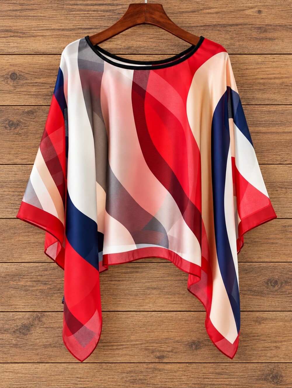 Women’s Abstract Print Chiffon Poncho Blouse One Size Red Navy Sheer Top #5